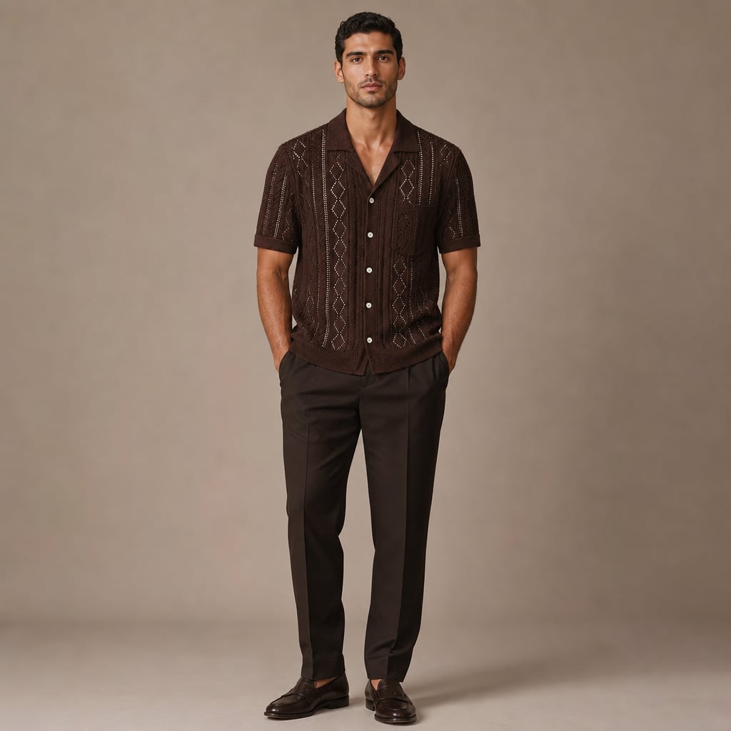 Camp Collar Shirt Men Textured Short Sleeve Relaxed Fit Brown – Full Look