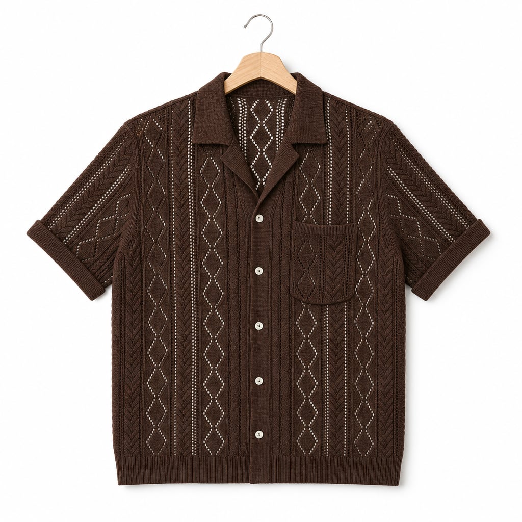 Camp Collar Shirt Men Textured Short Sleeve Relaxed Fit Brown – Product Photo