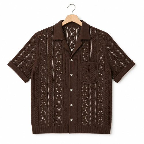 Camp Collar Shirt Men Textured Short Sleeve Relaxed Fit Brown – Product Photo