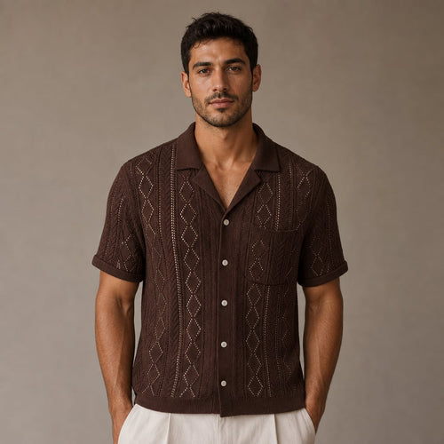 Camp Collar Shirt Men Textured Short Sleeve Relaxed Fit in Brown – Tarlano Premium Menswear