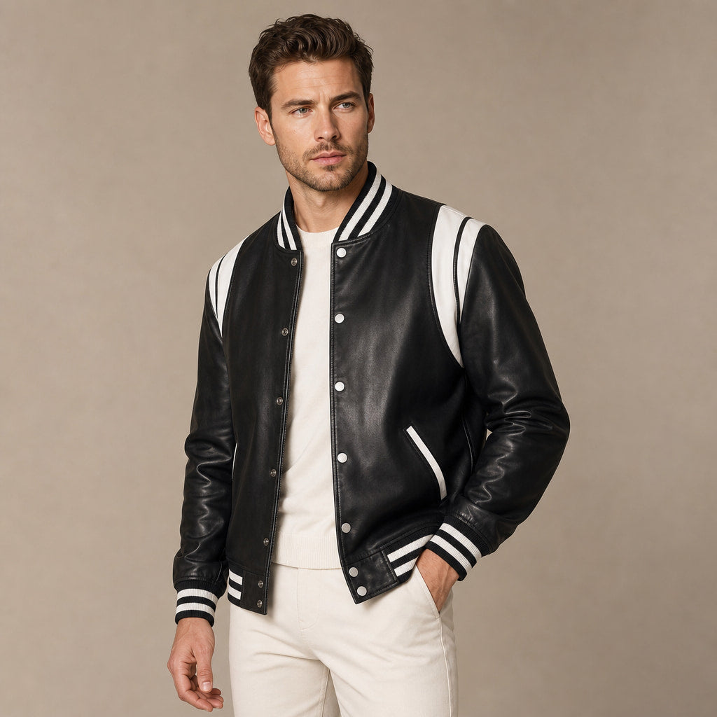 Campio Varsity Black Leather Jacket For Men Black – Side Angle View