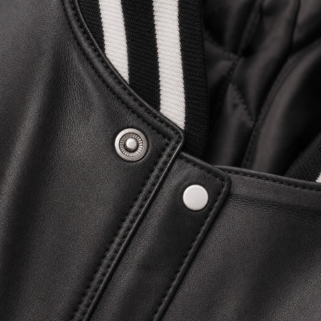 Campio Varsity Black Leather Jacket For Men Black – Fabric and Detail Close-Up