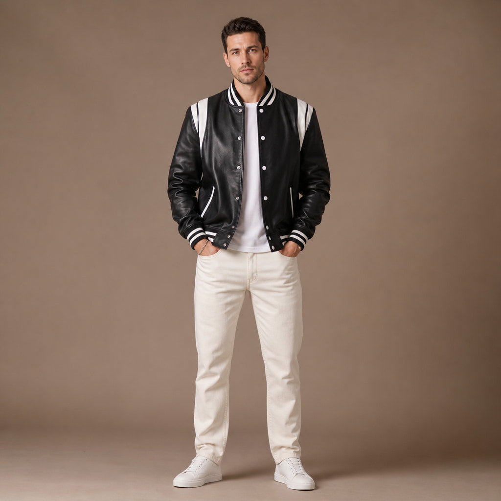 Campio Varsity Black Leather Jacket For Men Black – Full Look