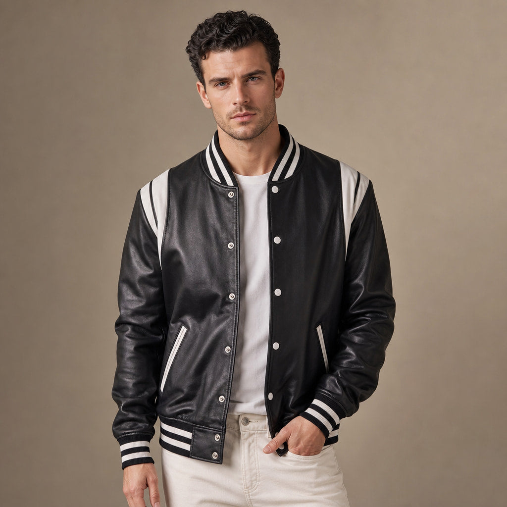Campio Varsity Black Leather Jacket For Men Black – Product Photo