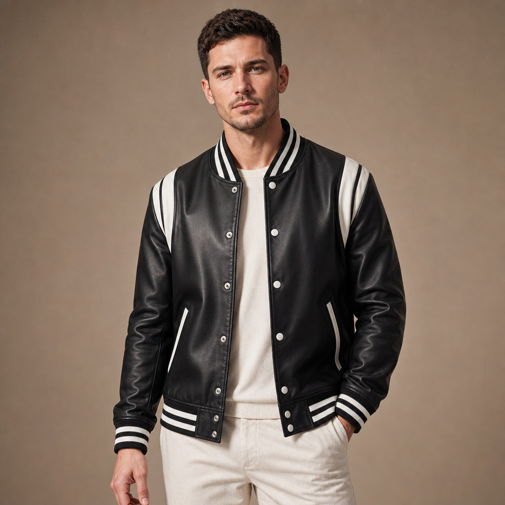 Campio Varsity Black Leather Jacket For Men in Black – Tarlano Premium Menswear