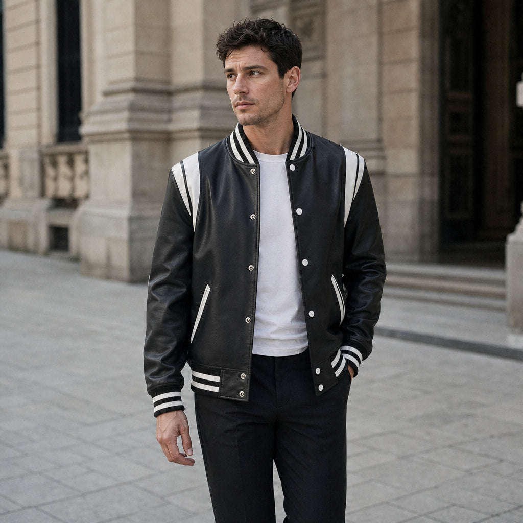 Campio Varsity Black Leather Jacket For Men Black – Styled Editorial Shot