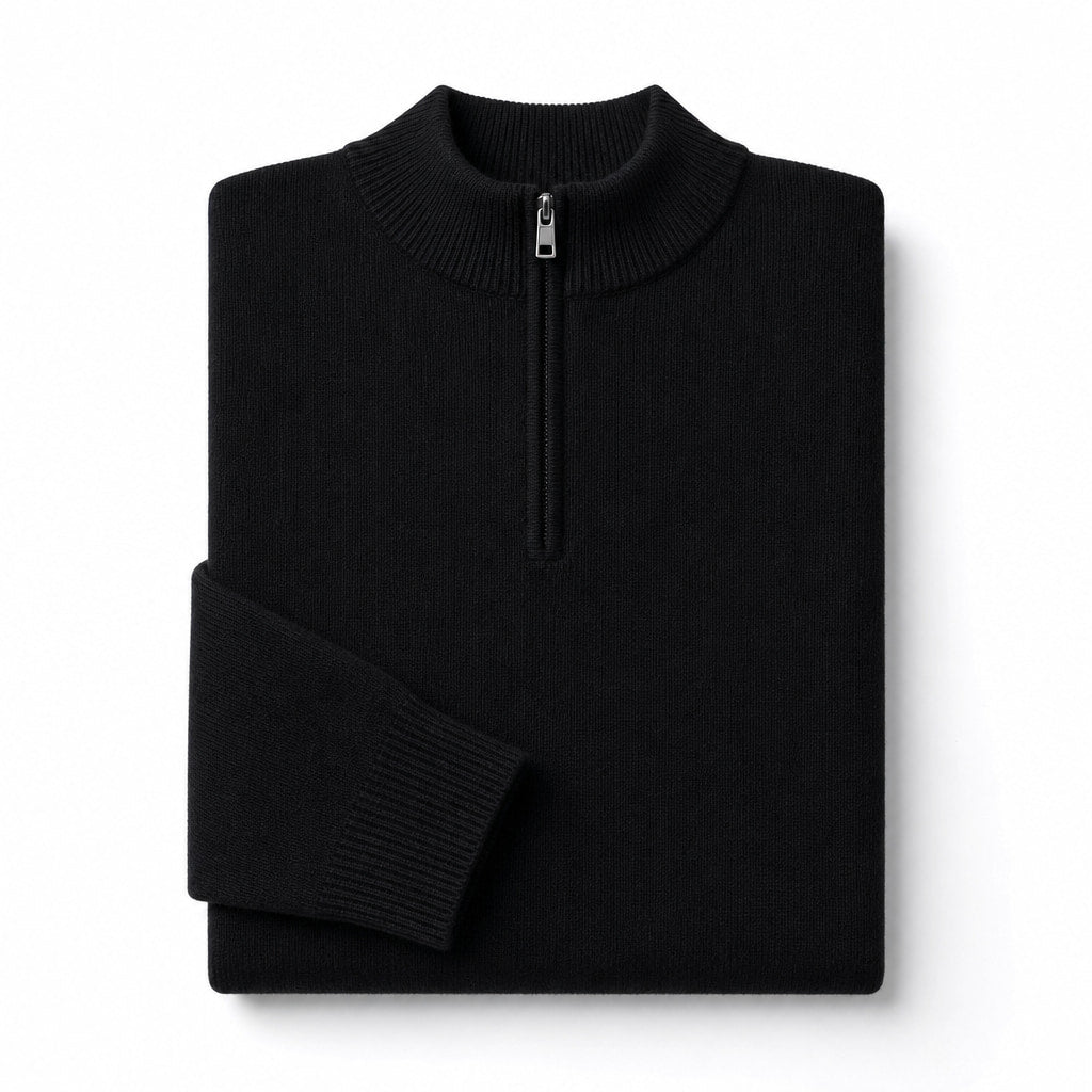 Quarter Zip Sweater Cashmere Blend Soft Knit Black – Product Photo