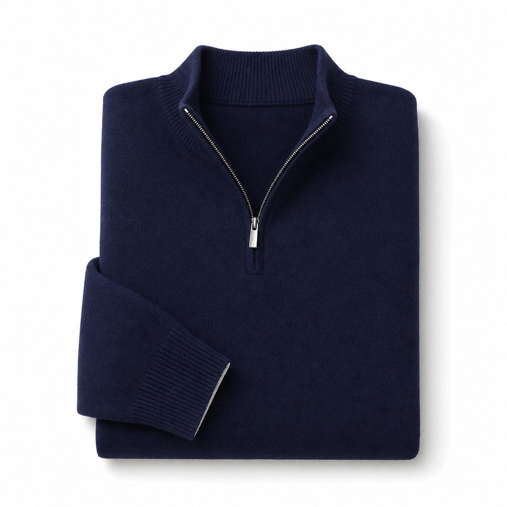 Quarter Zip Sweater Cashmere Blend Soft Knit Navy – Product Photo