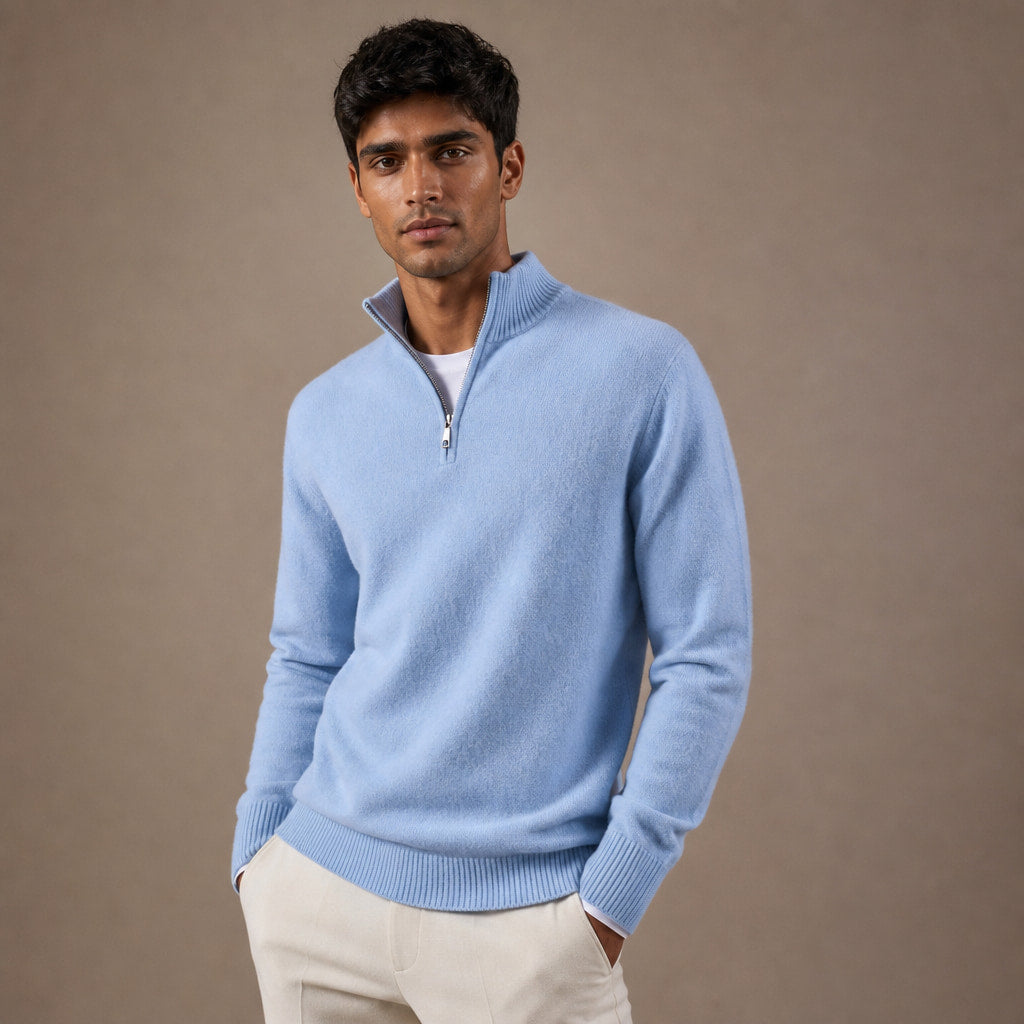 Quarter Zip Sweater Cashmere Blend Soft Knit Sky Blue – Side Angle View