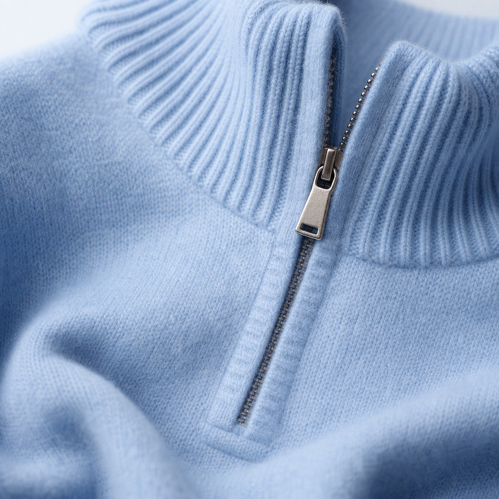 Quarter Zip Sweater Cashmere Blend Soft Knit Sky Blue – Fabric and Detail Close-Up