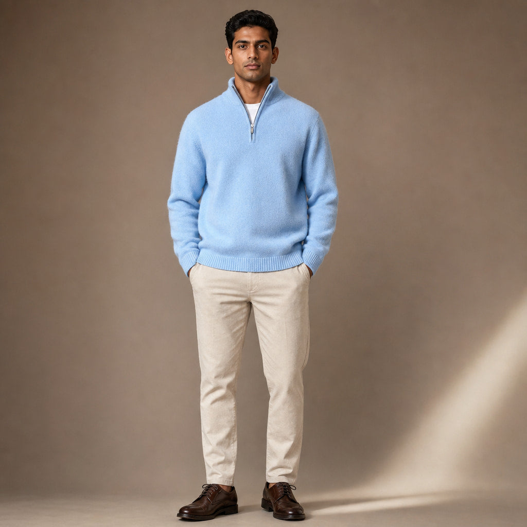 Quarter Zip Sweater Cashmere Blend Soft Knit Sky Blue – Full Look