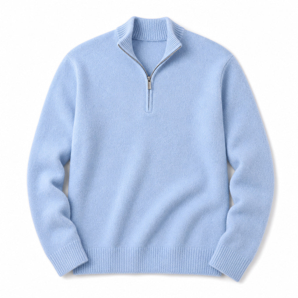 Quarter Zip Sweater Cashmere Blend Soft Knit Sky Blue – Product Photo