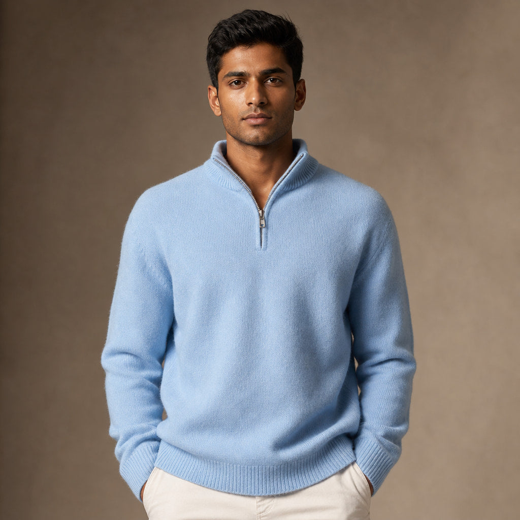 Quarter Zip Sweater Cashmere Blend Soft Knit in Sky Blue – Tarlano Premium Menswear