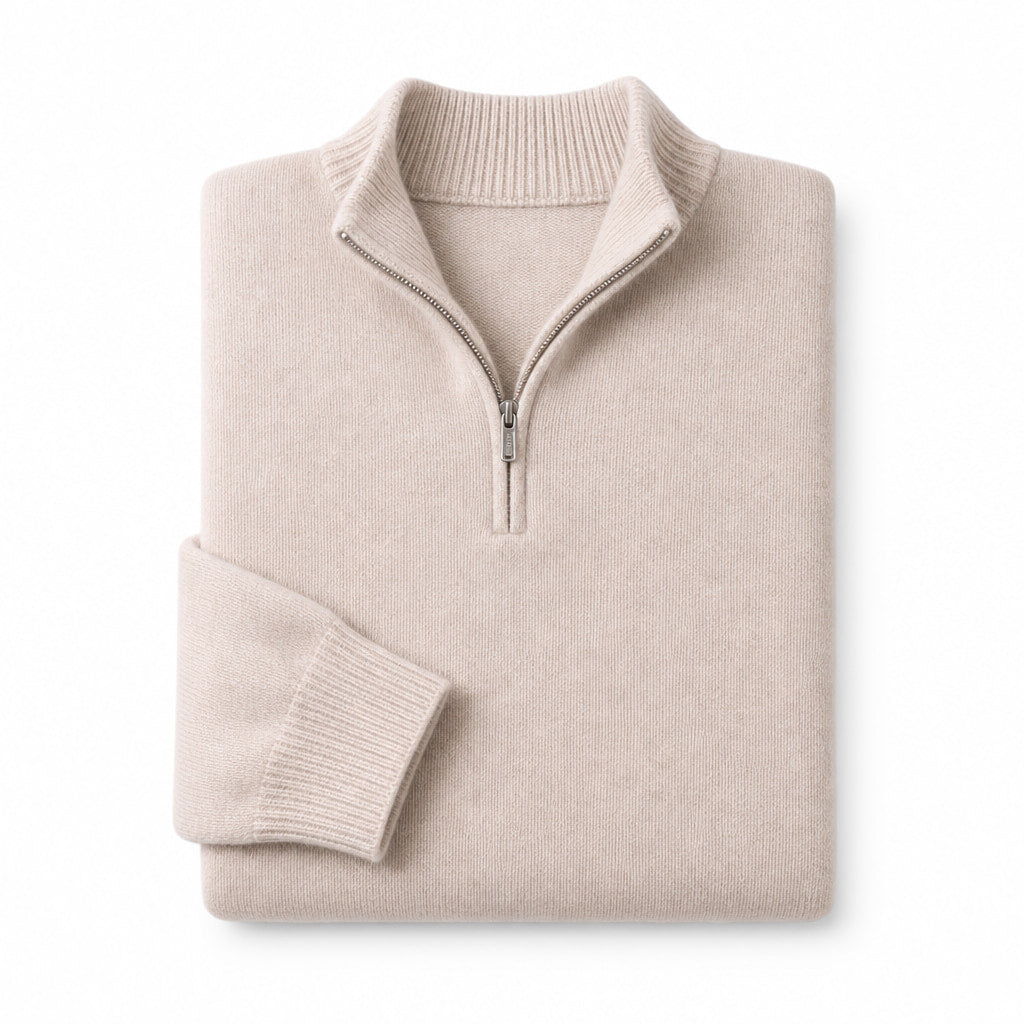 Quarter Zip Sweater Cashmere Blend Soft Knit Taupe – Product Photo