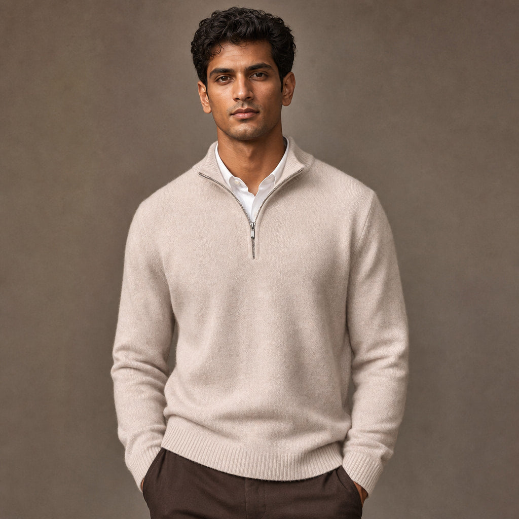 Quarter Zip Sweater Cashmere Blend Soft Knit in Taupe – Tarlano Premium Menswear