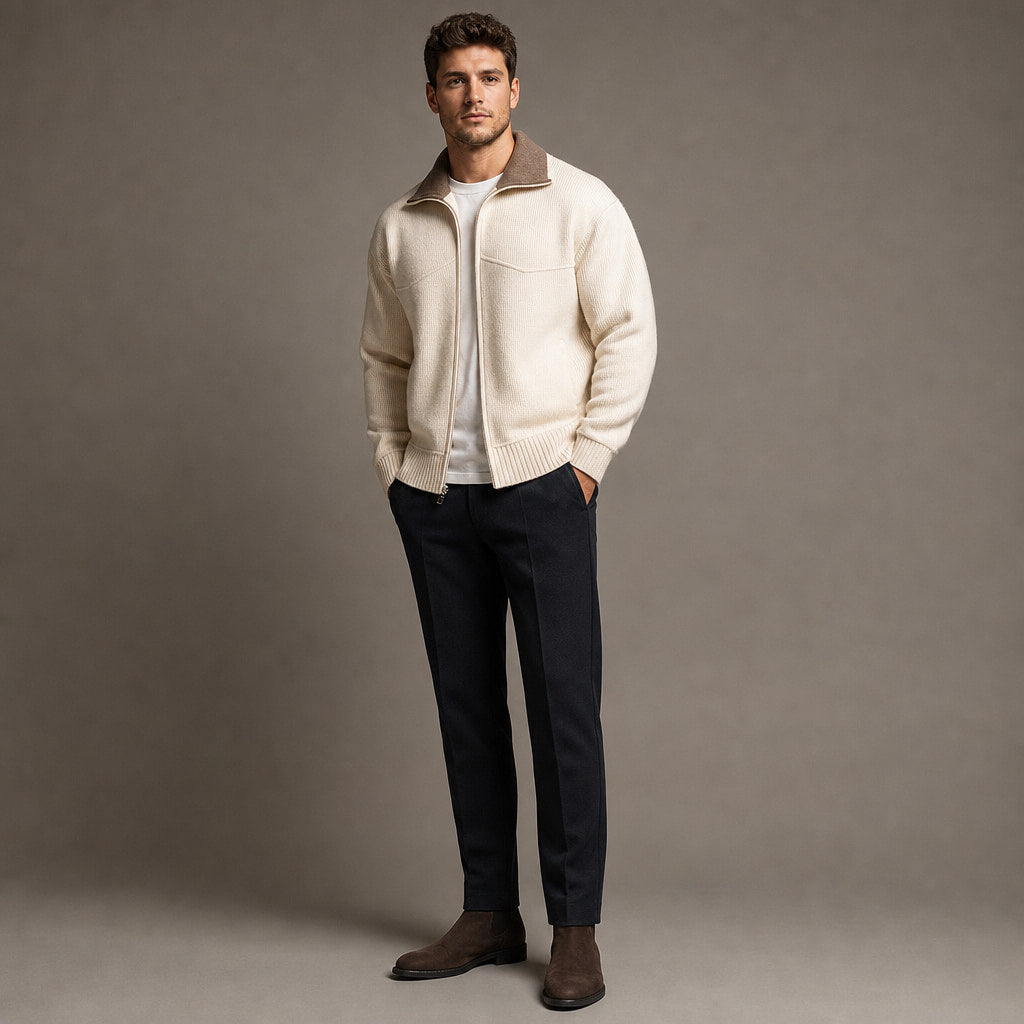 Cardigan Mock Neck Full Zip Knit Beige – Side Angle View