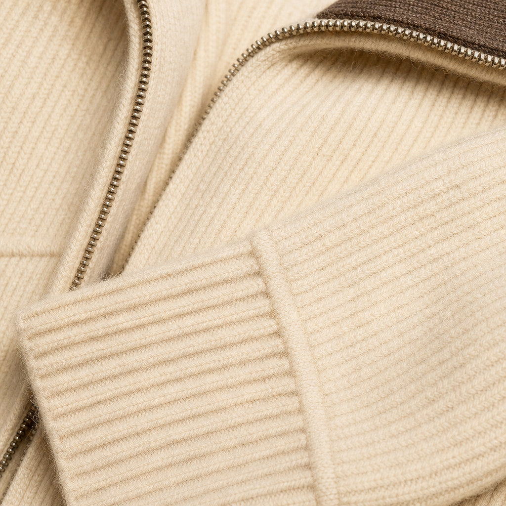 Cardigan Mock Neck Full Zip Knit Beige – Fabric and Detail Close-Up