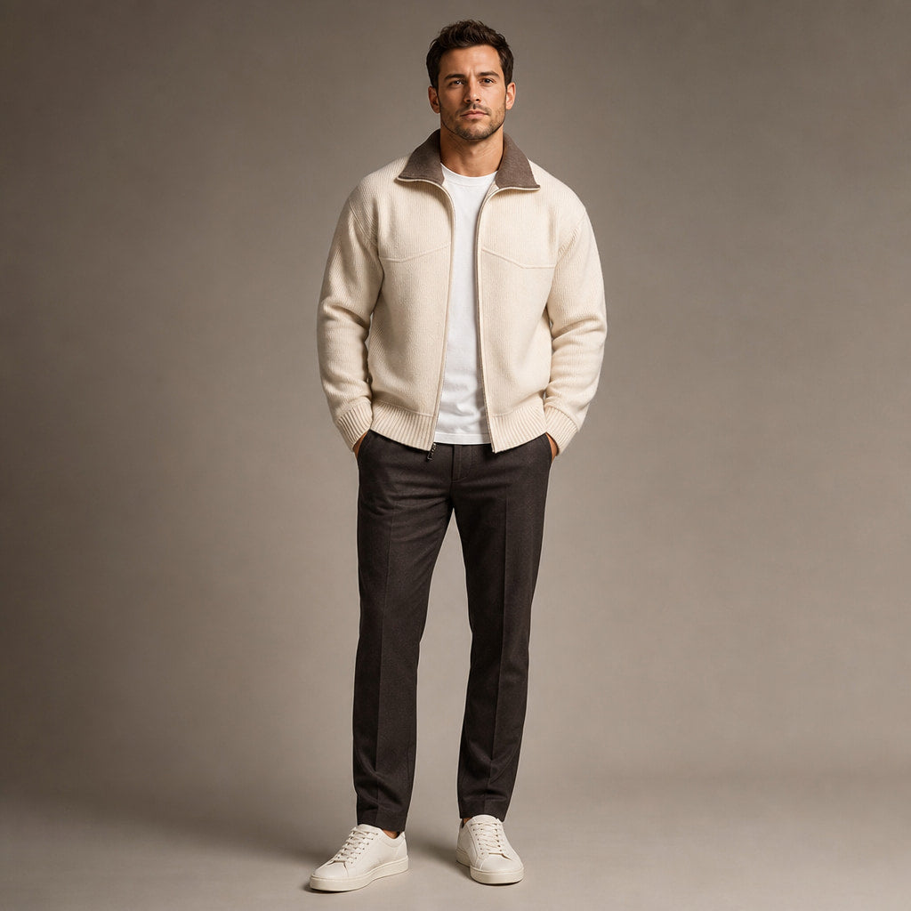 Cardigan Mock Neck Full Zip Knit Beige – Full Look