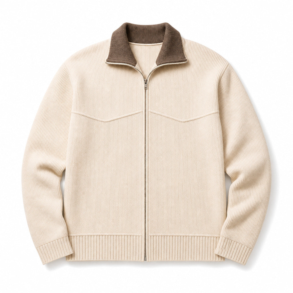 Cardigan Mock Neck Full Zip Knit Beige – Product Photo