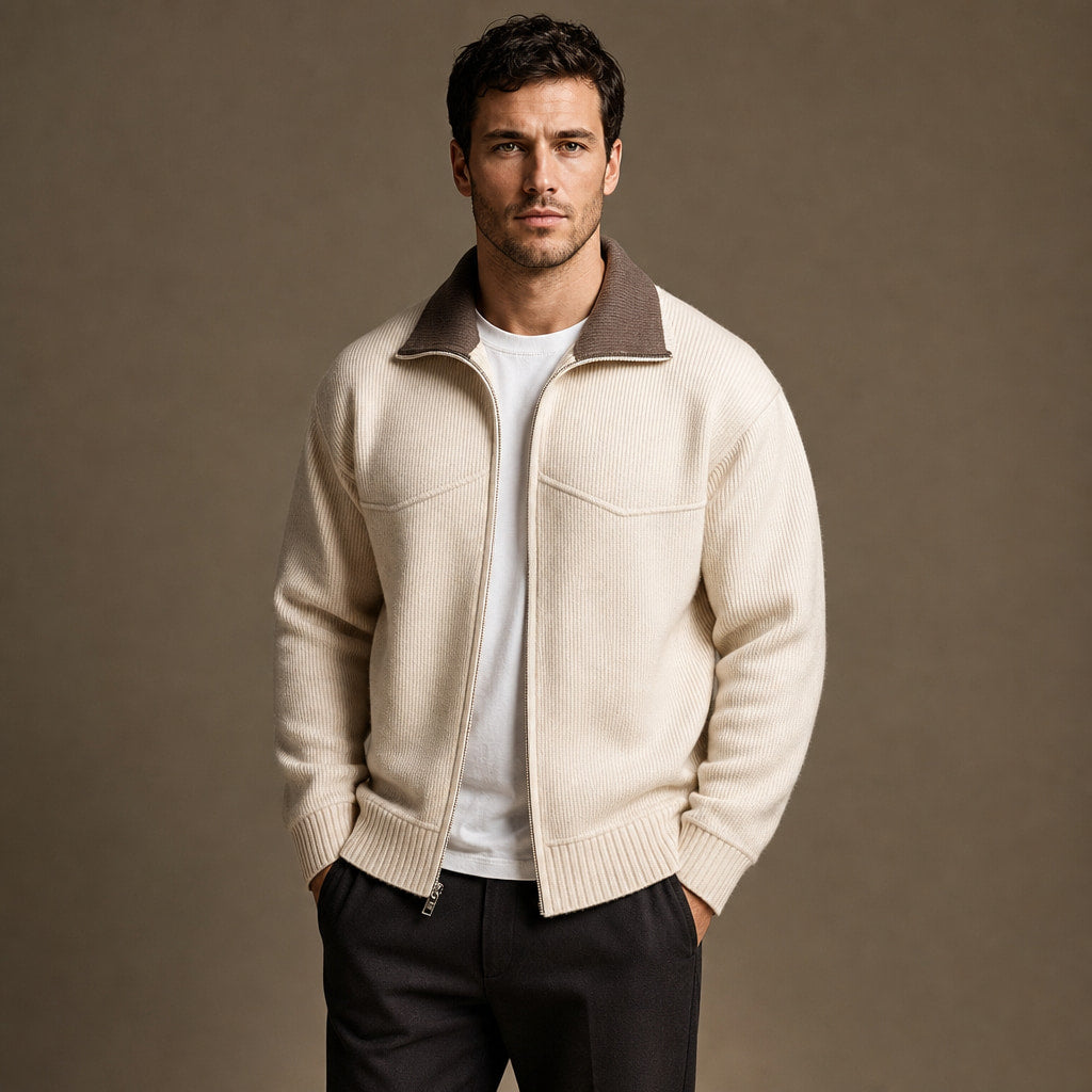 Cardigan Mock Neck Full Zip Knit in Beige – Tarlano Premium Menswear