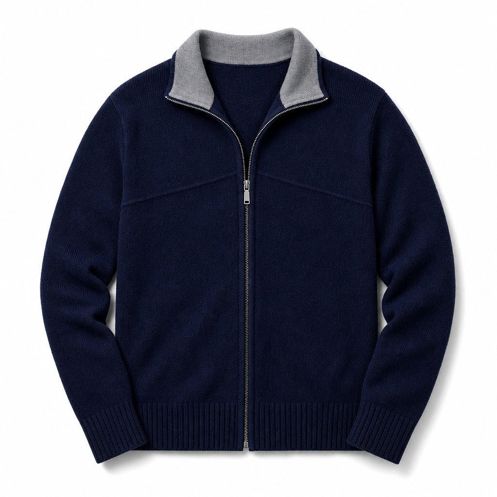 Cardigan Mock Neck Full Zip Knit Navy Blue – Product Photo