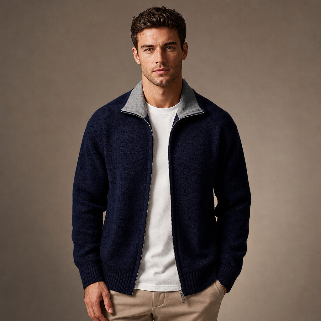 Cardigan Mock Neck Full Zip Knit in Navy Blue – Tarlano Premium Menswear