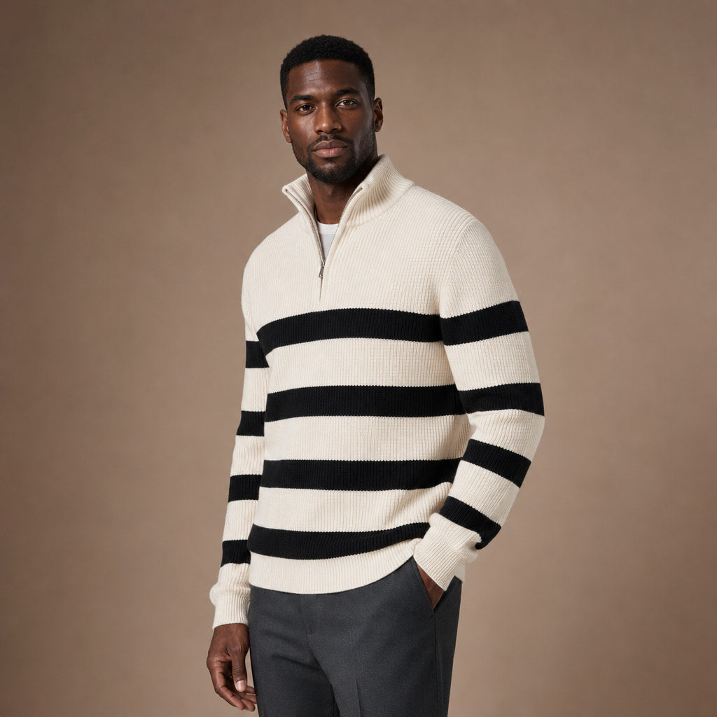 Quarter Zip Sweater Striped White White – Side Angle View
