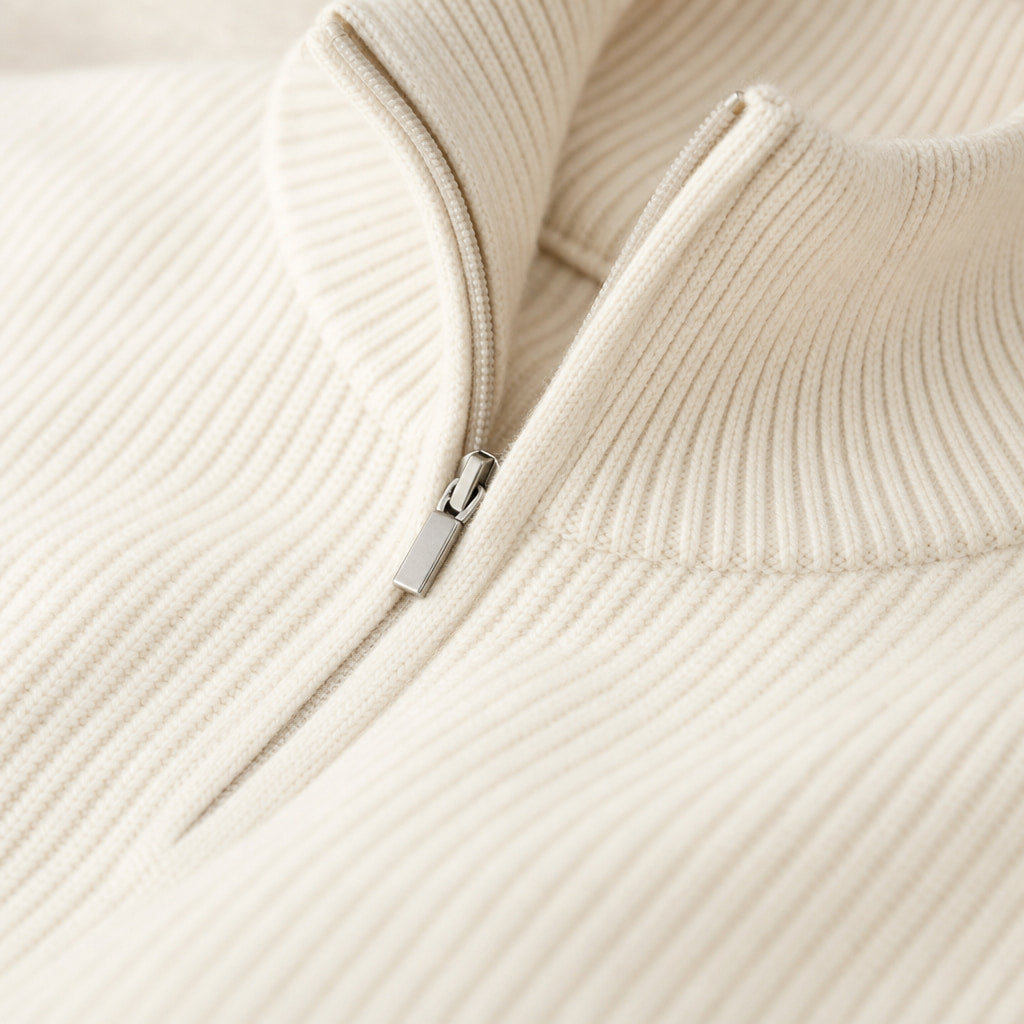 Quarter Zip Sweater Striped White White – Fabric and Detail Close-Up