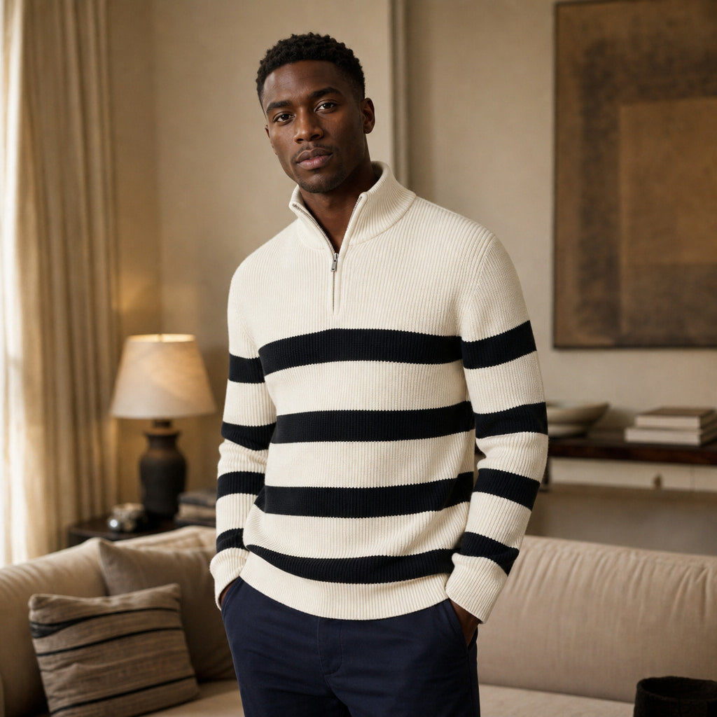 Quarter Zip Sweater Striped White White – Styled Editorial Shot