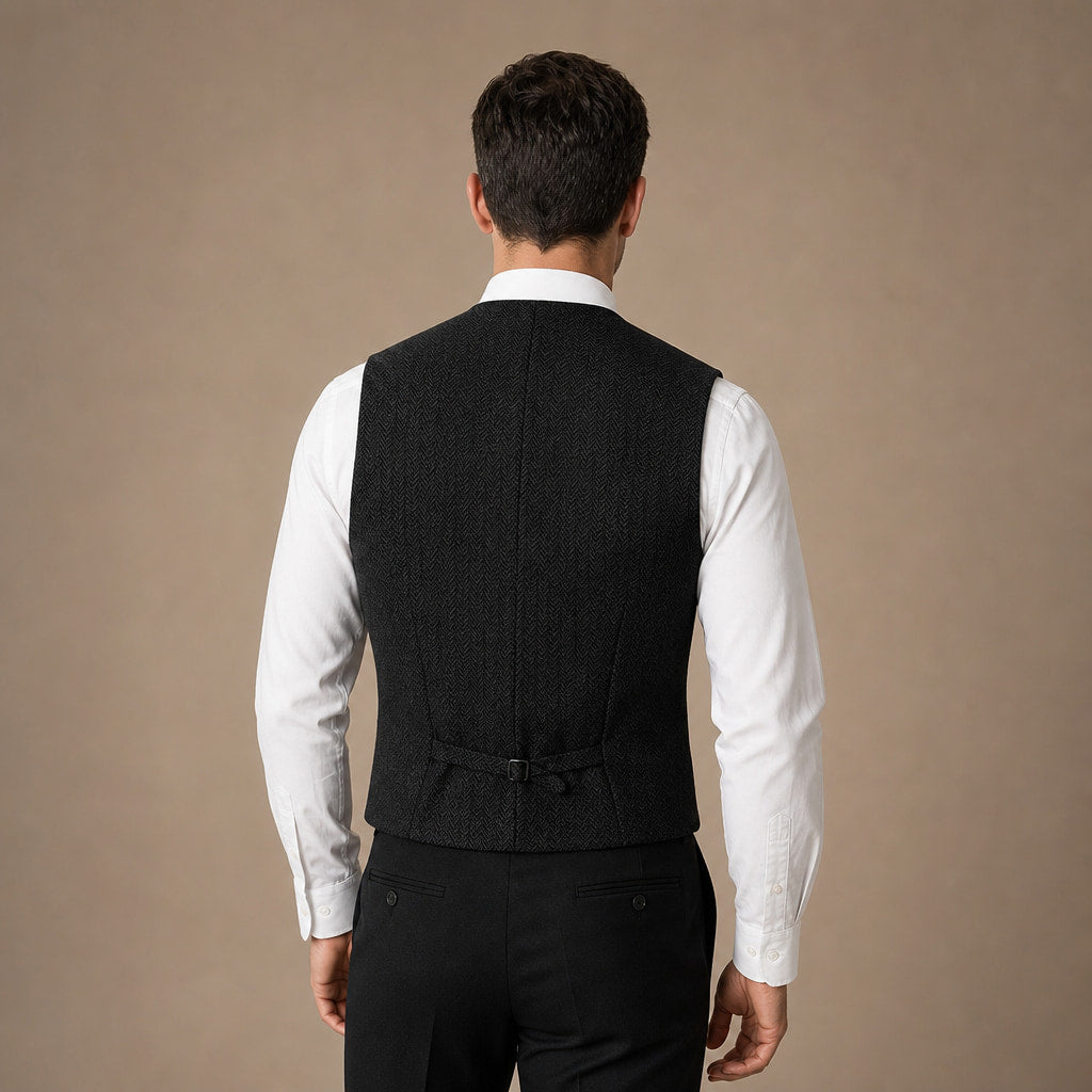 Herringbone Waistcoat Single Breasted Black – Side Angle View