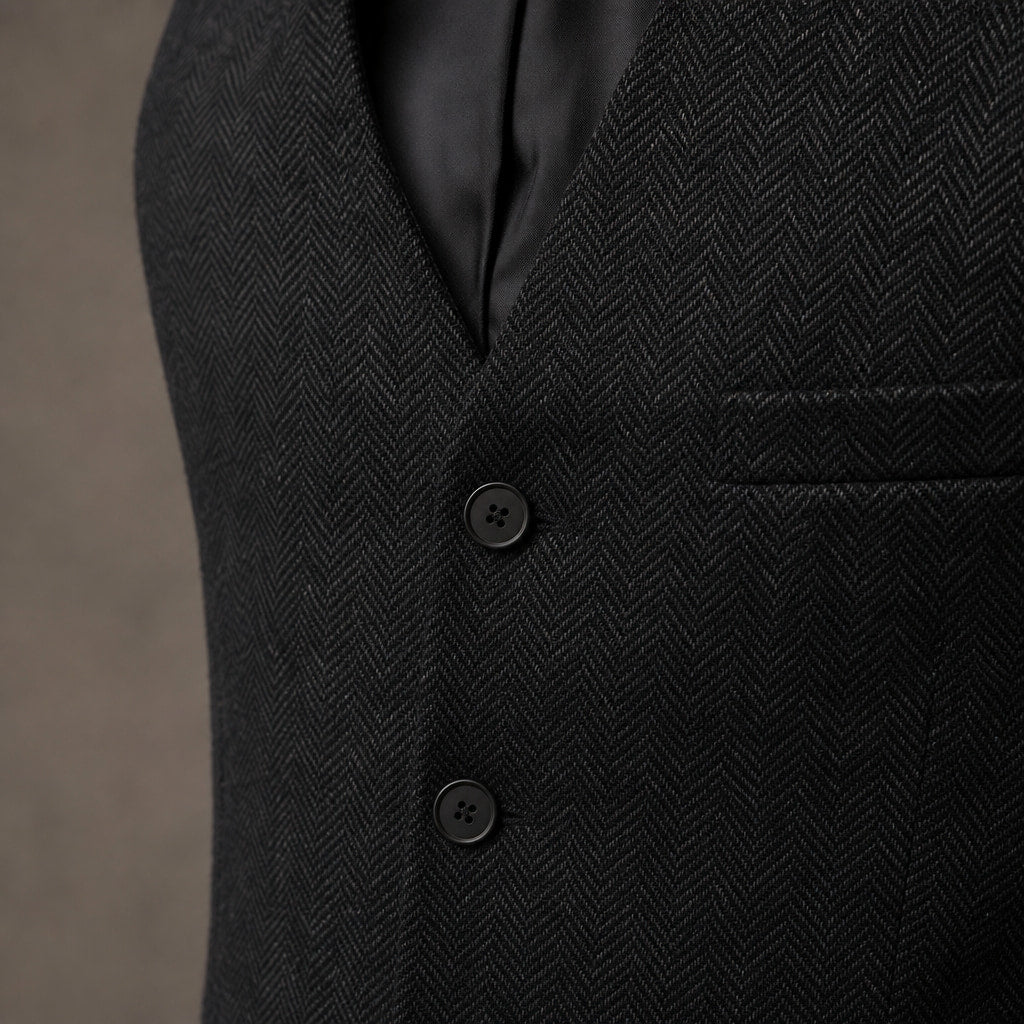 Herringbone Waistcoat Single Breasted Black – Fabric and Detail Close-Up