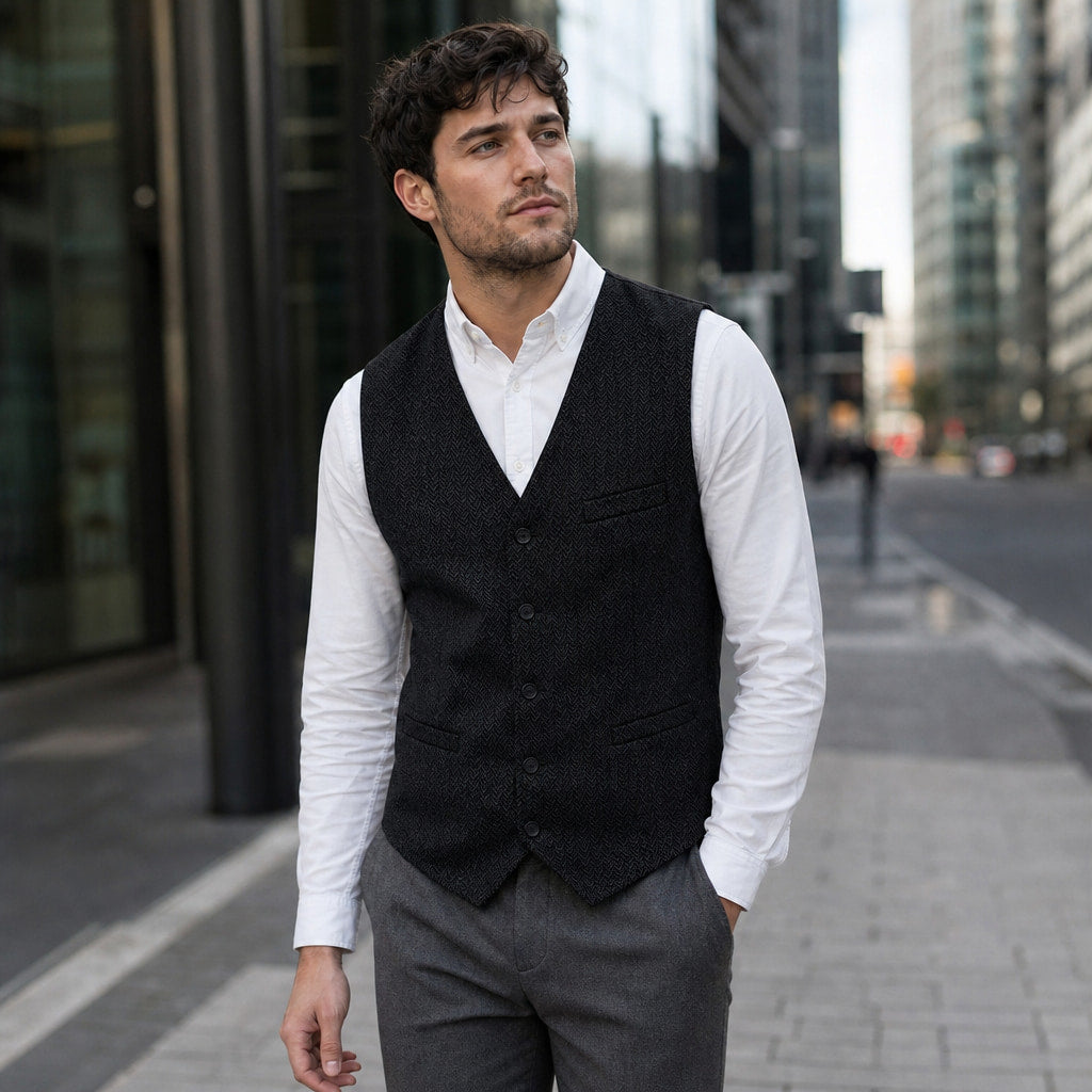 Herringbone Waistcoat Single Breasted Black – Styled Editorial Shot