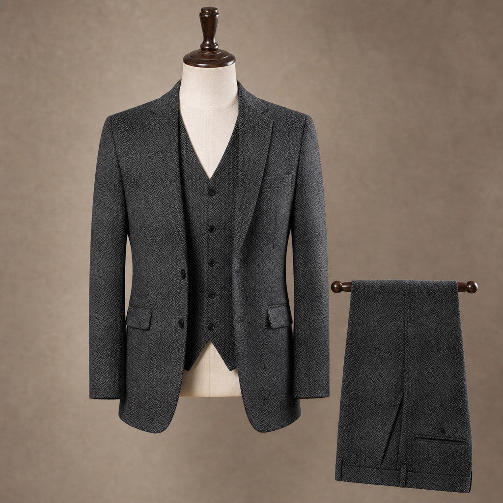 Herringbone Waistcoat Single Breasted Dark Grey – Product Photo