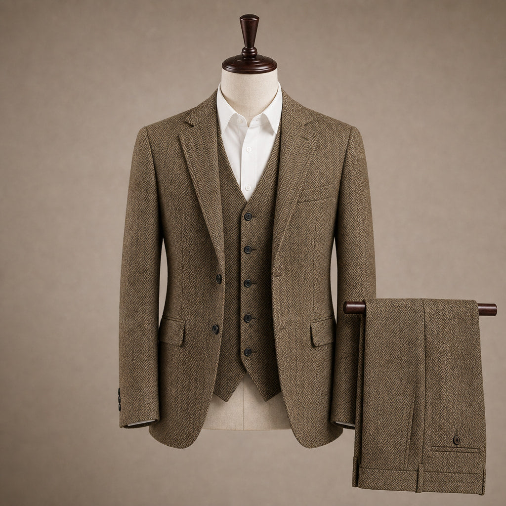 Herringbone Waistcoat Single Breasted Khaki – Product Photo