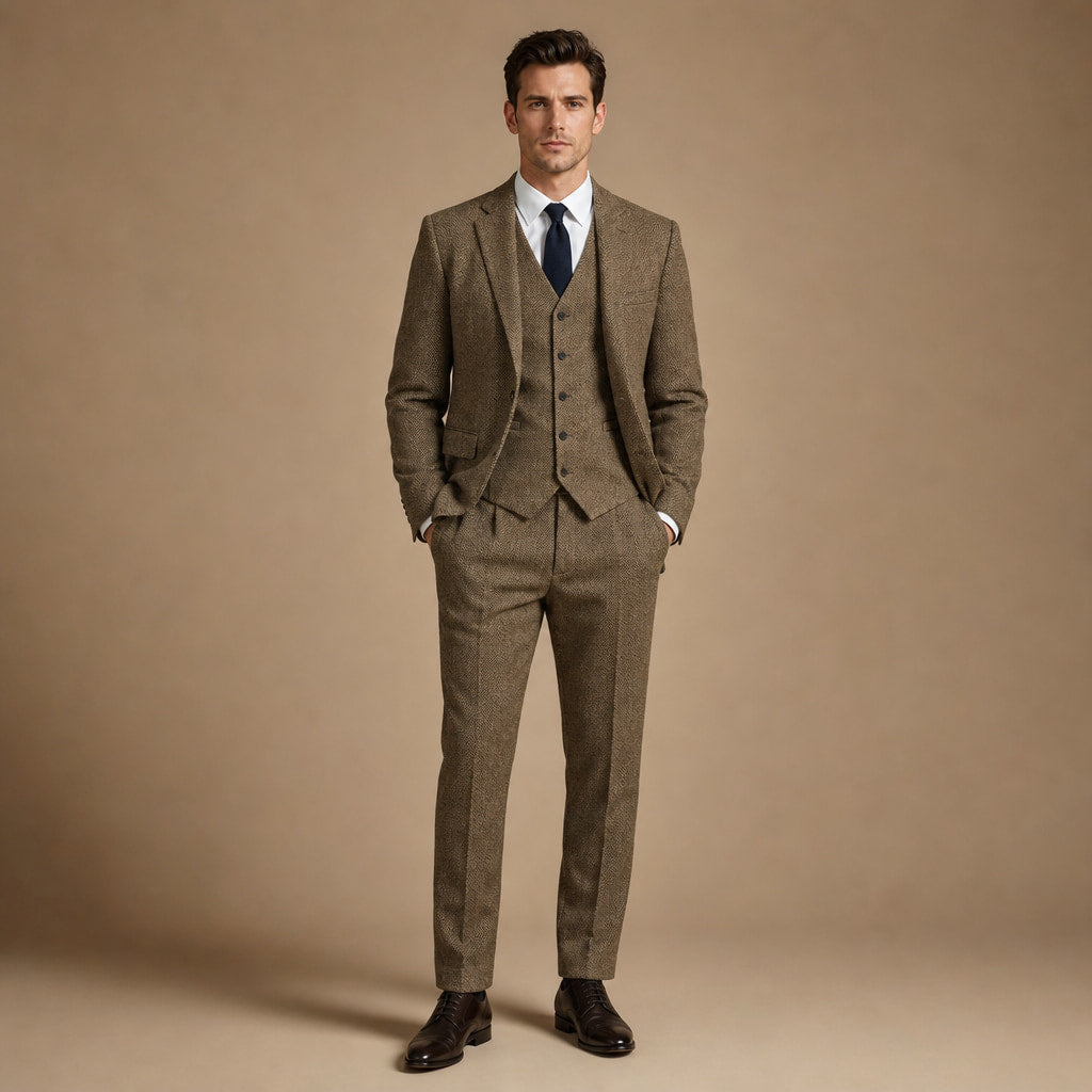Herringbone Waistcoat Single Breasted in Khaki – Tarlano Premium Menswear