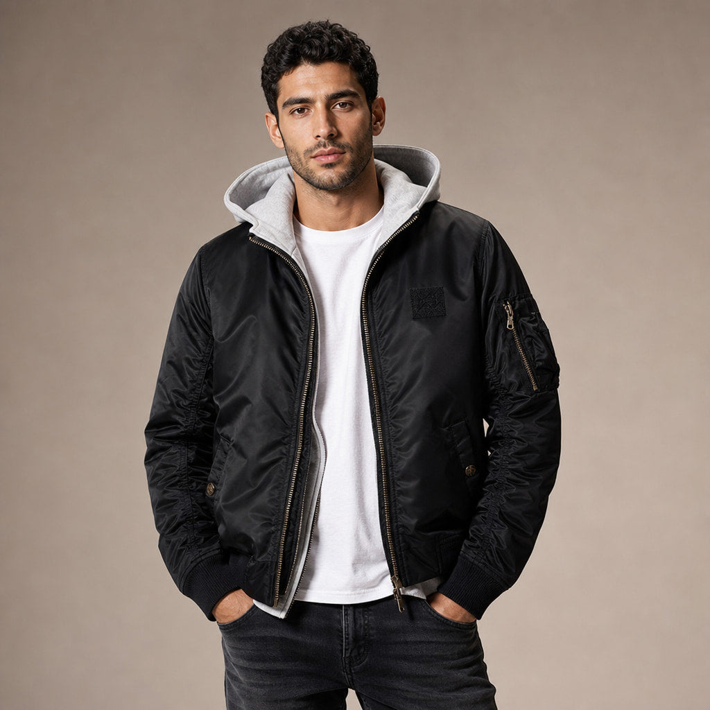 Hooded Bomber Jacket Multi-Pocket Military Style Black – Product Photo