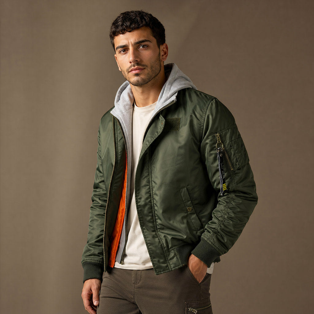 Hooded Bomber Jacket Multi-Pocket Military Style Military Green – Side Angle View