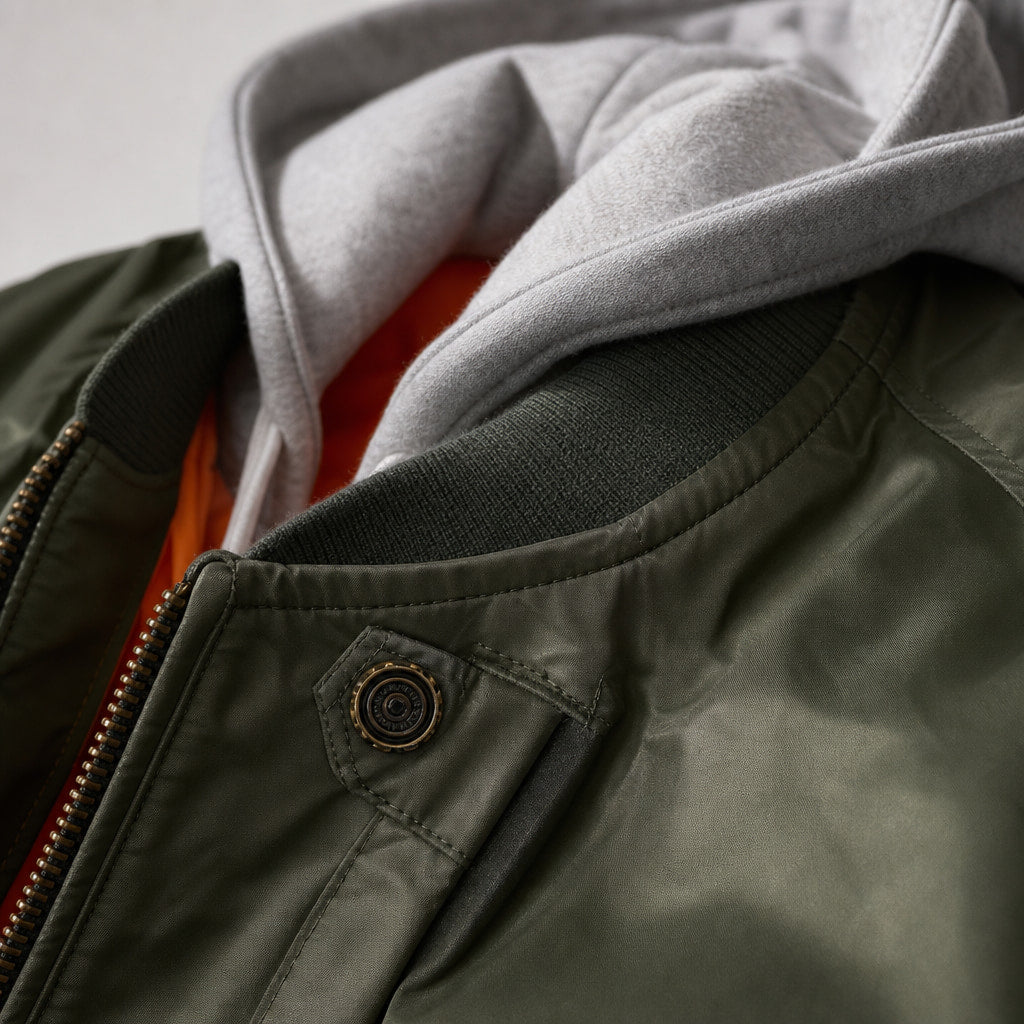 Hooded Bomber Jacket Multi-Pocket Military Style Military Green – Fabric and Detail Close-Up