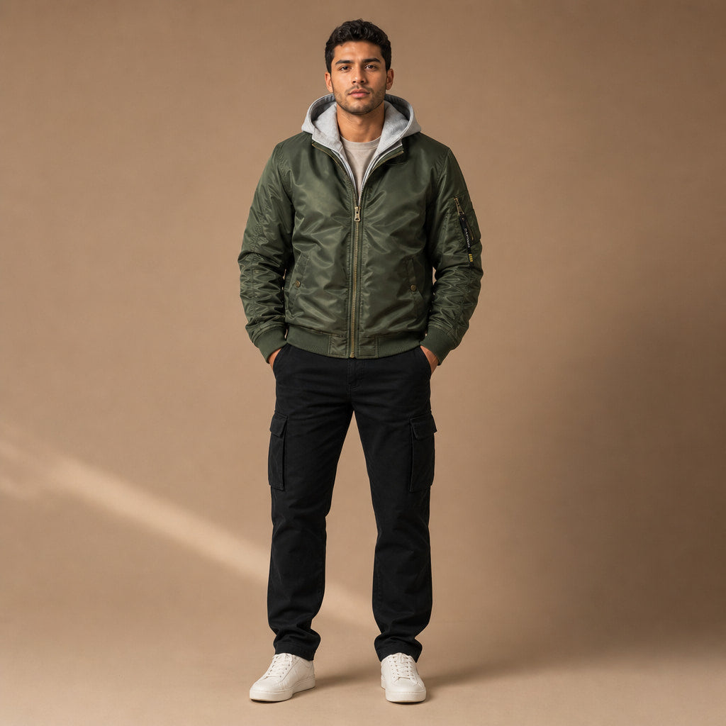 Hooded Bomber Jacket Multi-Pocket Military Style Military Green – Full Look