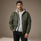 Hooded Bomber Jacket Multi-Pocket Military Style Military Green – Product Photo