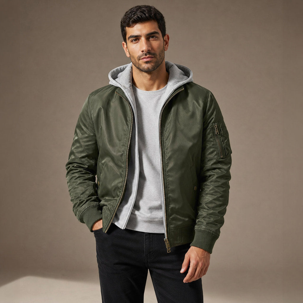 Hooded Bomber Jacket Multi-Pocket Military Style Military Green – Product Photo