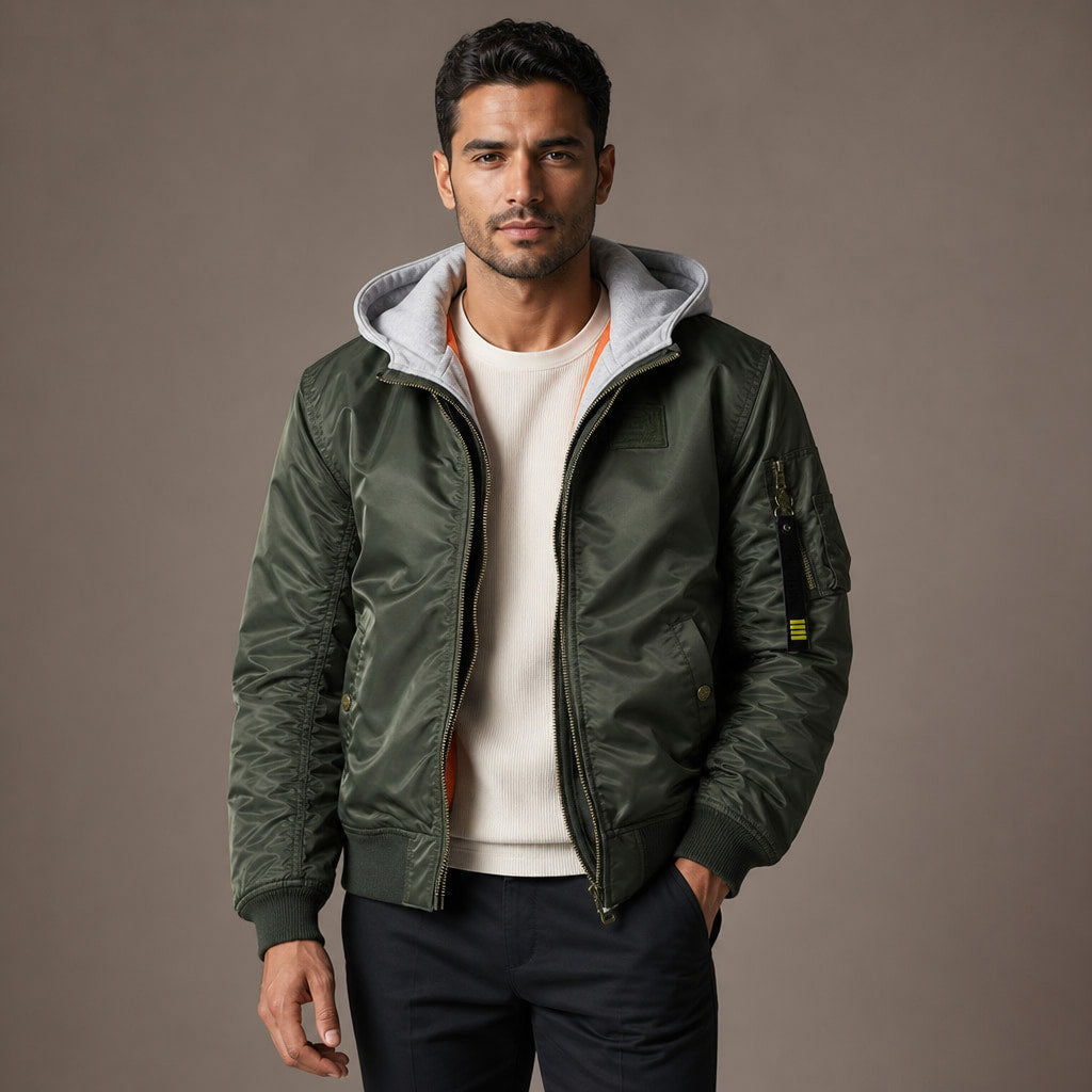 Hooded Bomber Jacket Multi-Pocket Military Style in Military Green – Tarlano Premium Menswear