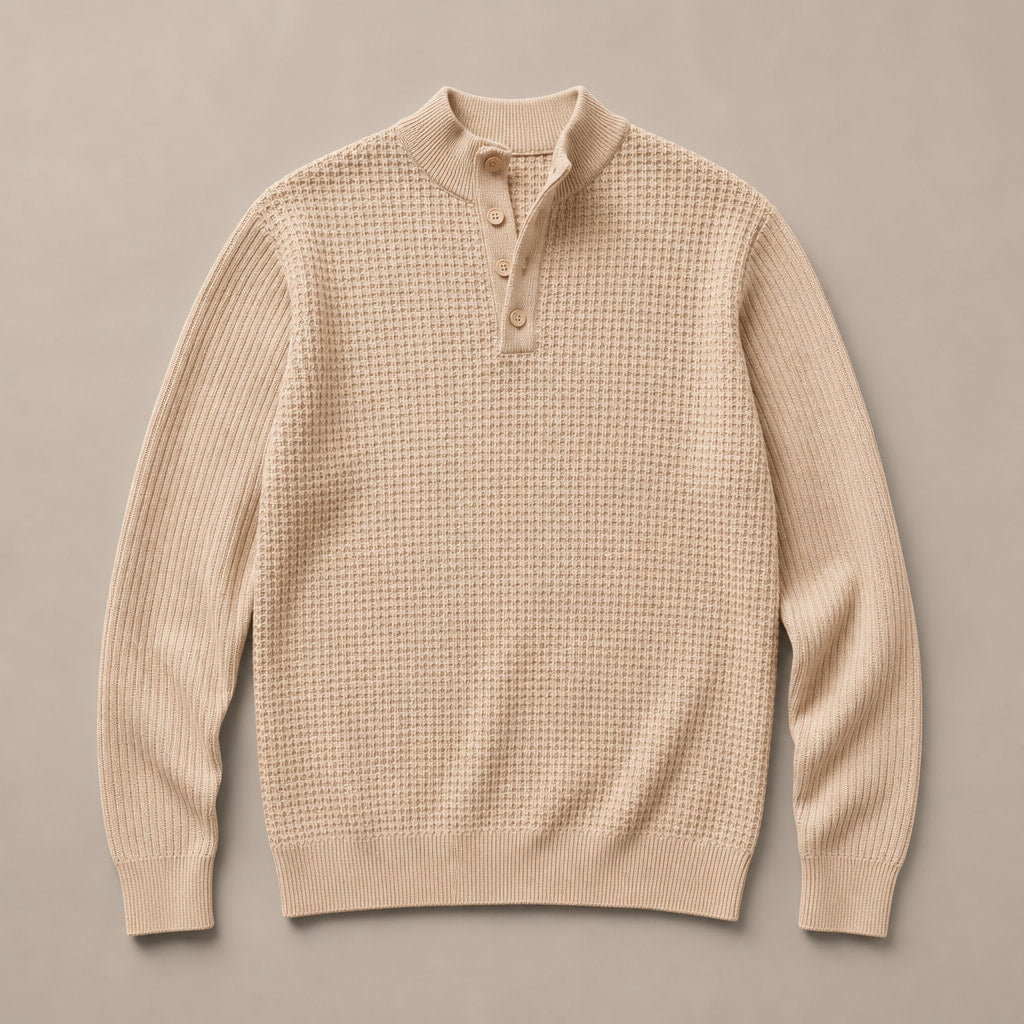 Henley Sweater Mock Neck Waffle Knit Apricot – Product Photo
