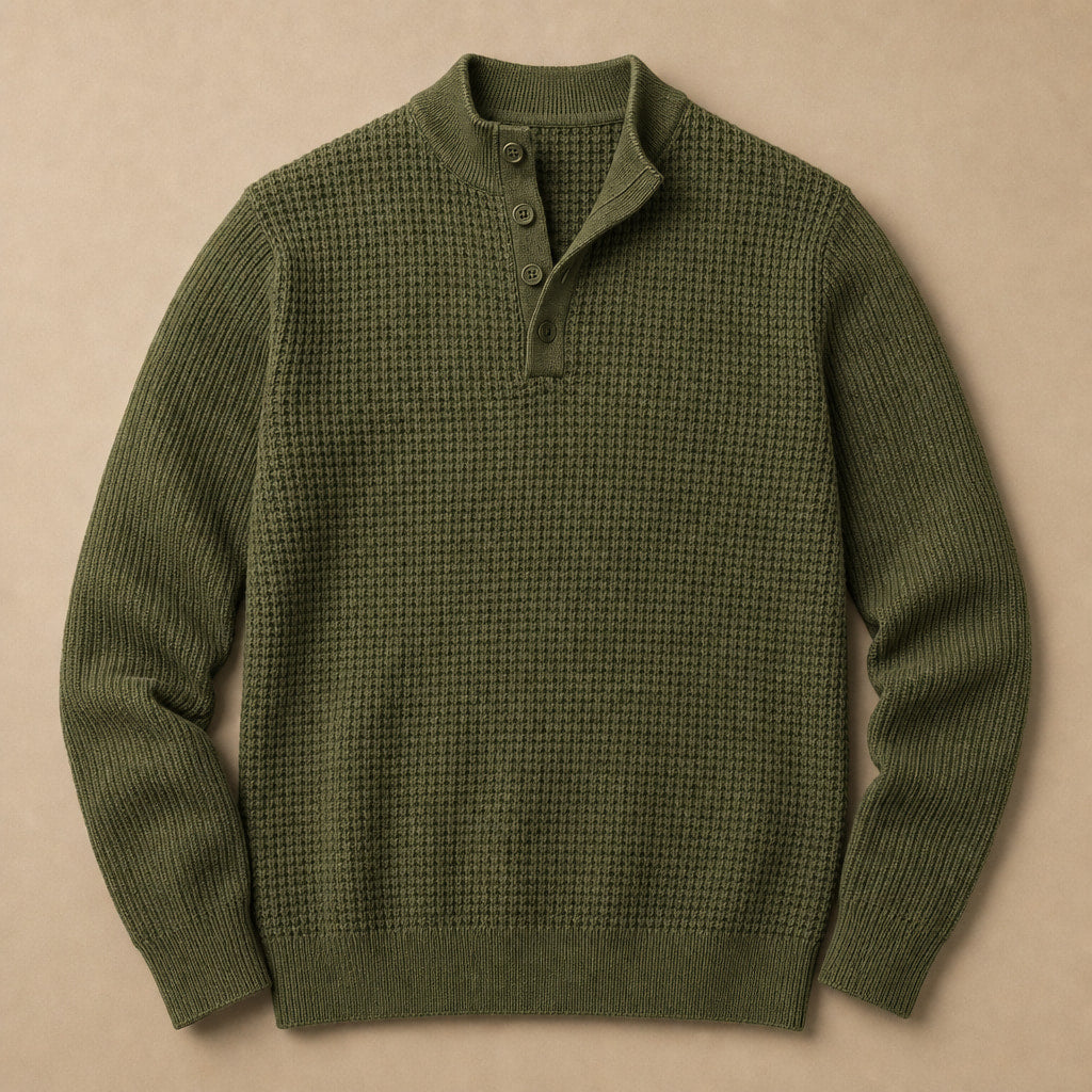 Henley Sweater Mock Neck Waffle Knit Army Green – Product Photo