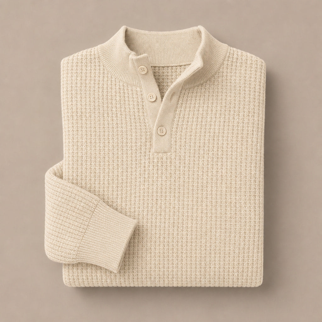 Henley Sweater Mock Neck Waffle Knit Beige – Product Photo