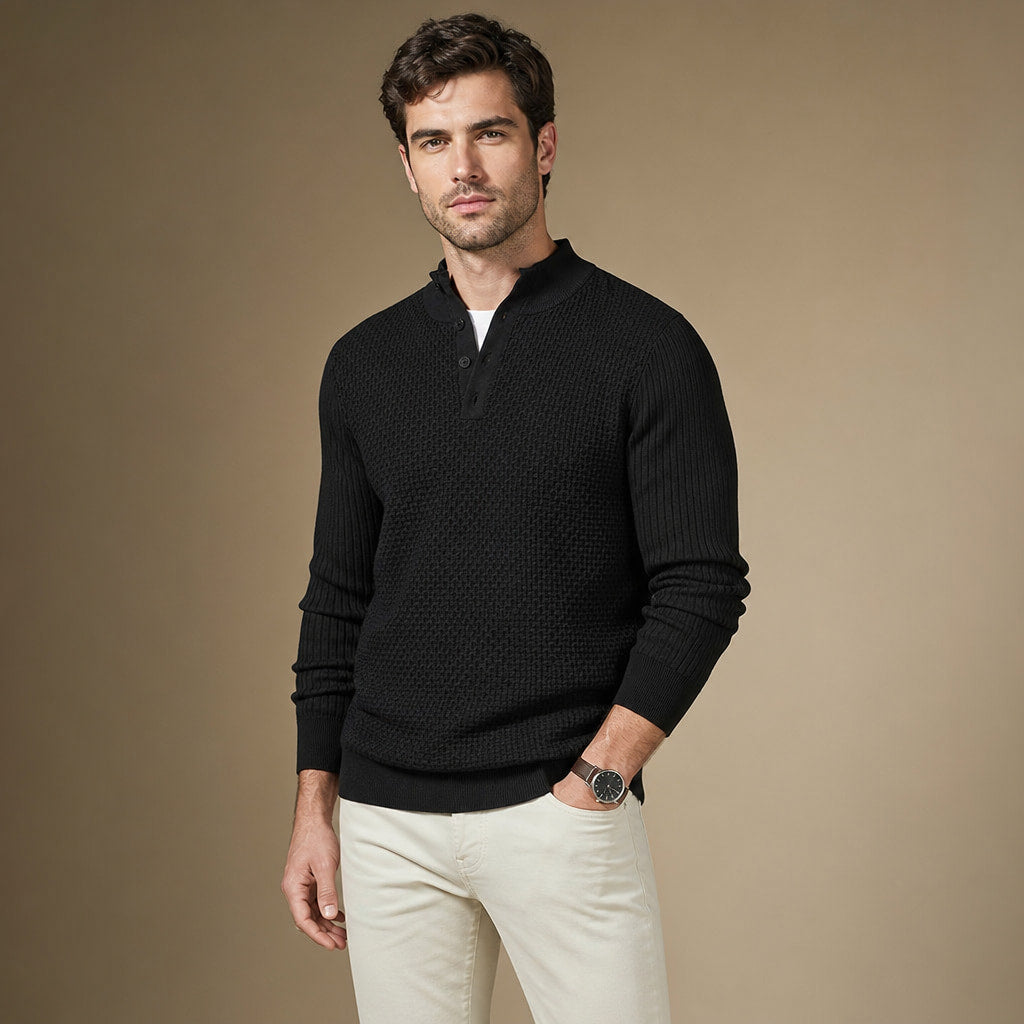 Henley Sweater Mock Neck Waffle Knit Black – Side Angle View