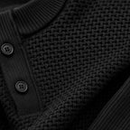 Henley Sweater Mock Neck Waffle Knit Black – Fabric and Detail Close-Up
