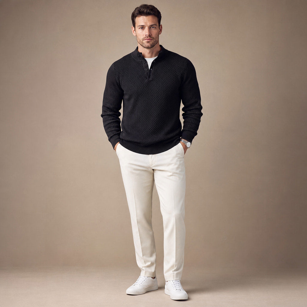Henley Sweater Mock Neck Waffle Knit Black – Full Look