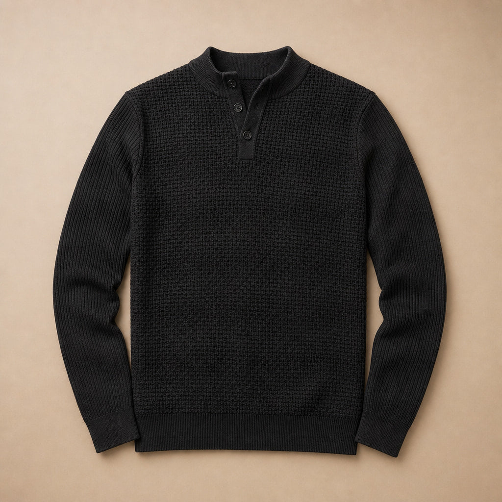 Henley Sweater Mock Neck Waffle Knit Black – Product Photo
