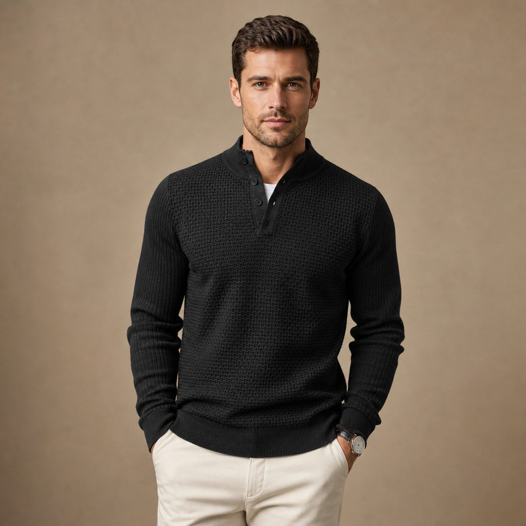 Henley Sweater Mock Neck Waffle Knit in Black – Tarlano Premium Menswear